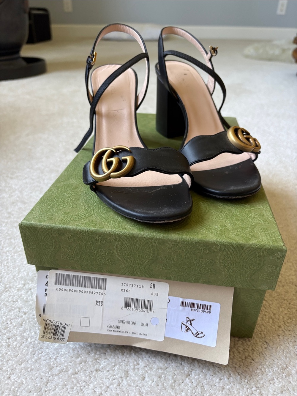 Gucci Black Leather Slingback Heels with Gold Double G